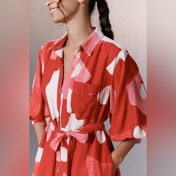 Anthropologie Maeve Linen Red and Cream Patterned Shirt Dress Size S - Picture 7 of 15